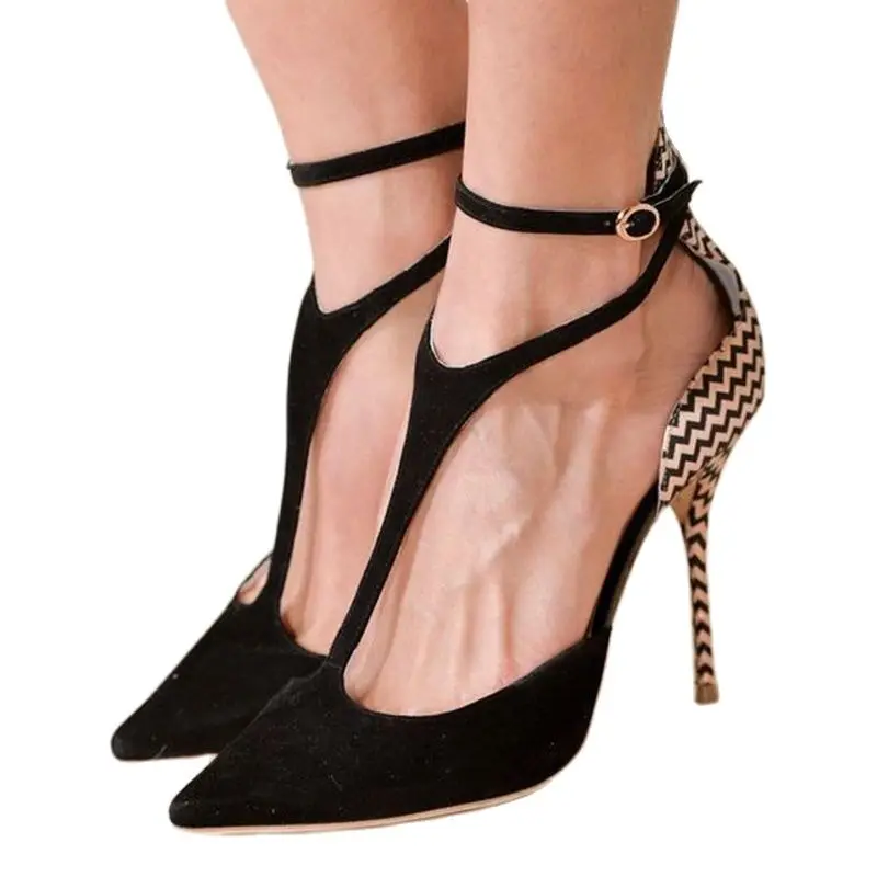 

Suede Black T Strap Pumps Stiletto High Heels Sexy Pointed Toe Patchwork Runway Dress Women High Heels Shoes Ankle Strap Pumps