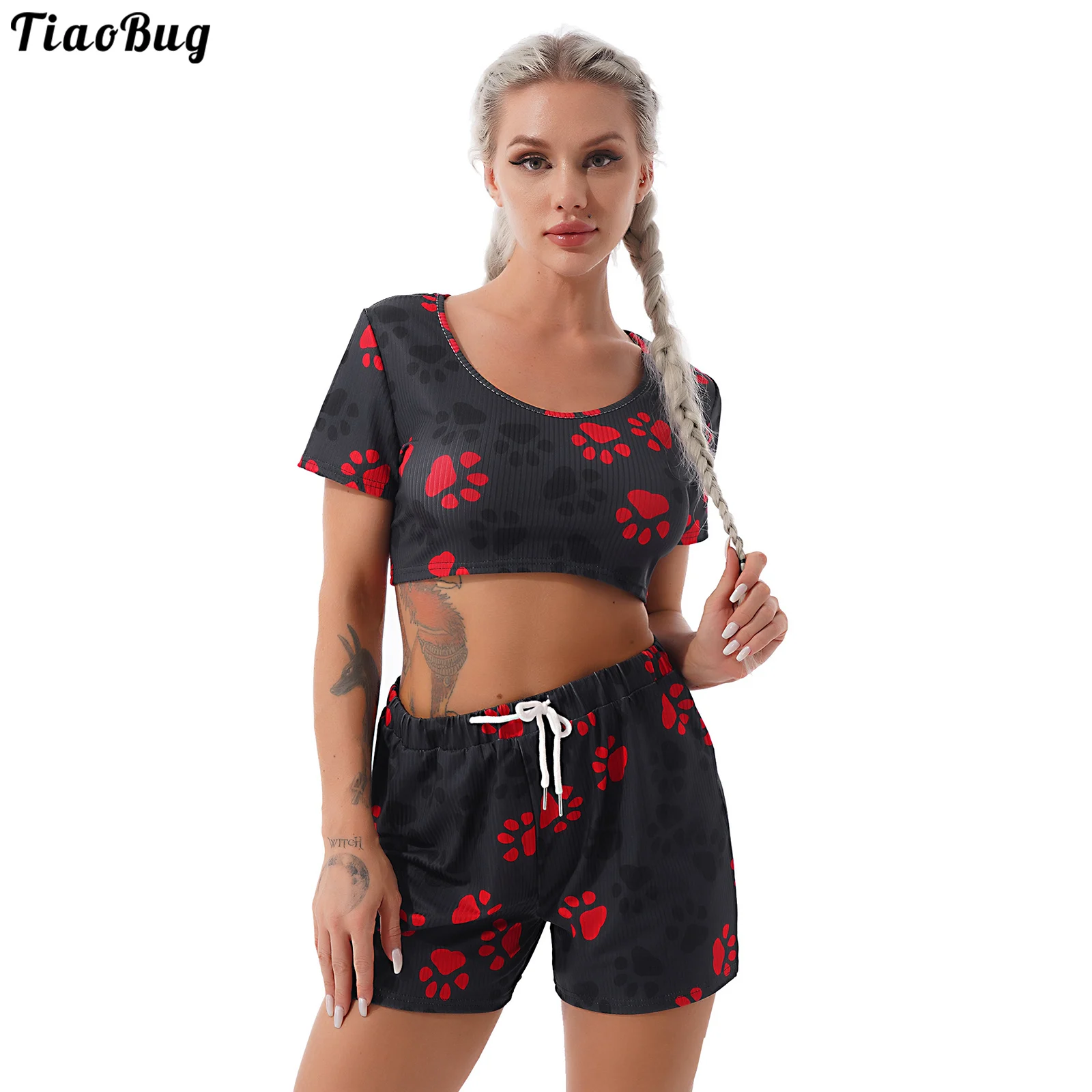 

TiaoBug Summer 2Pcs Women Casual Suit Round Neck Short Sleeves Cartoon Dog Paw Print Cropped T-Shirt And Shorts Set For Gym Yoga