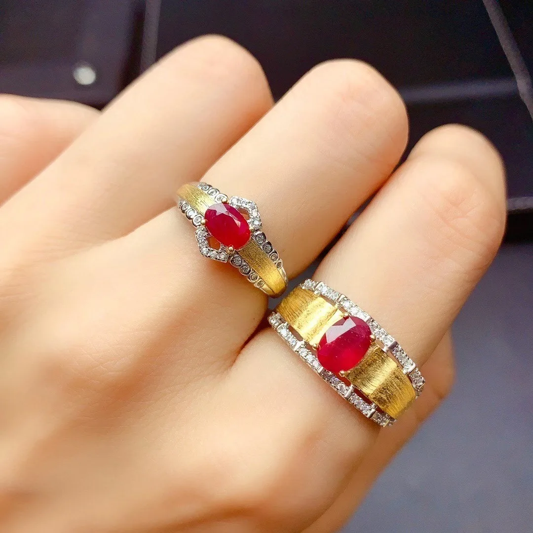 Design Style Couples Rings 4mm*6mm and 5mm*7mm Natural Ruby Silver Rings for Lovers 925 Silver Ruby Wedding Rings