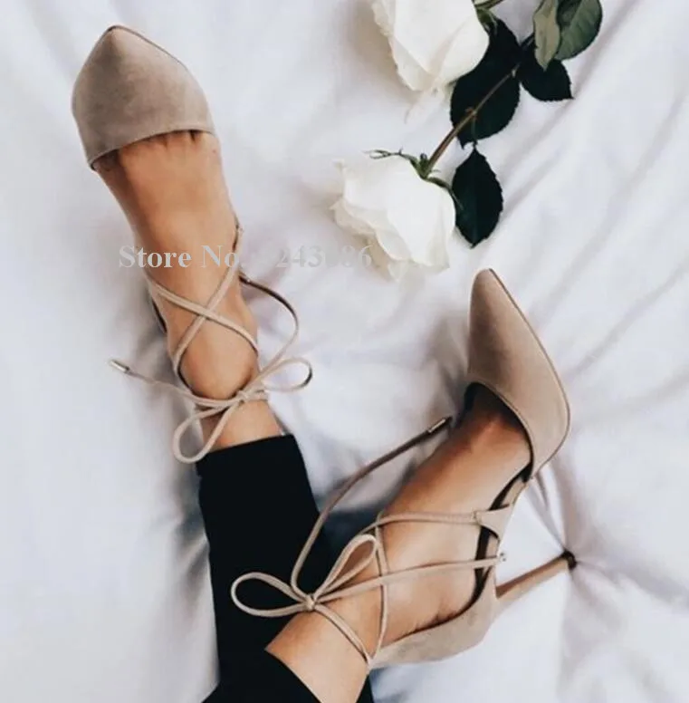 New Red Suede Lace-up Stiletto Heel Pumps Shoes Women Sexy Pointed Toe Cross-tied Black Beige High Heels Wedding Shoes Lady