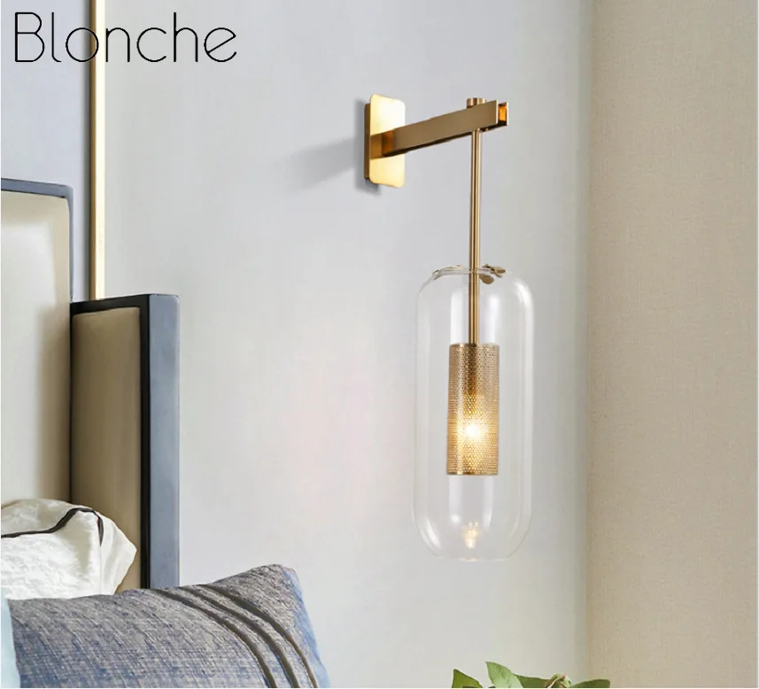 

Modern Glass Wall Sconce Light Stairs Bedroom Living Room Lamps Fixture Luminaire Golden Nordic Bedside Lighting Home Decoration