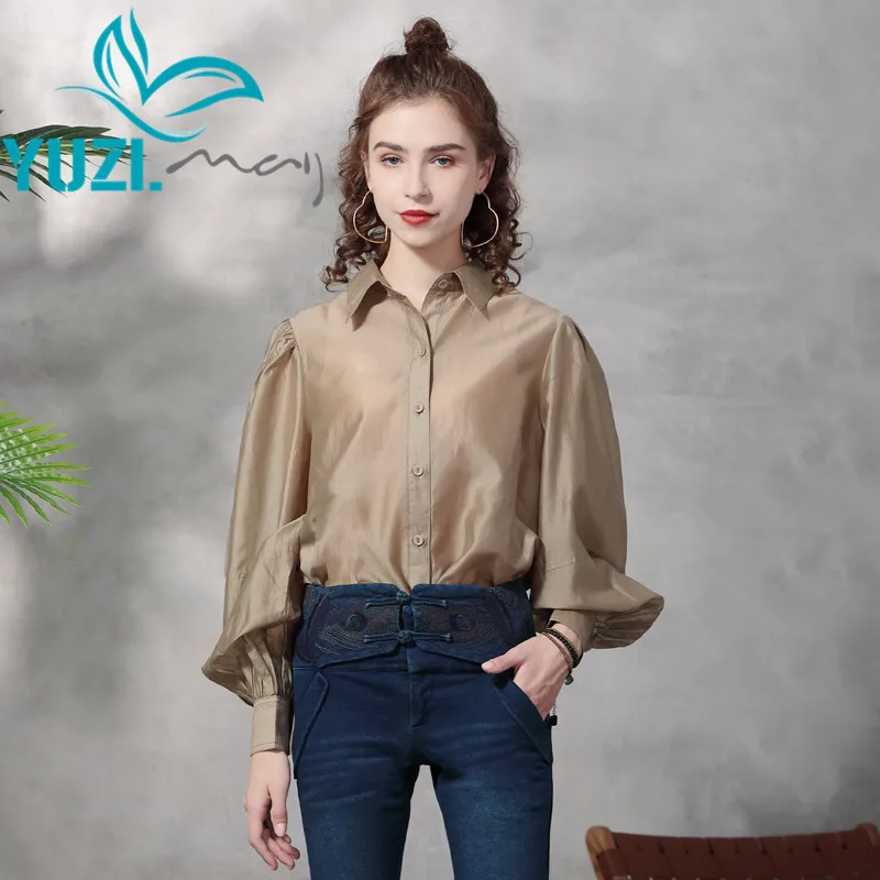 

Blusa Feminina 2021Yuzi.may Boho New Mulberry Silk Women Blouse Turn-down Collar Lantern Sleeve Single Breasted Tops B9326