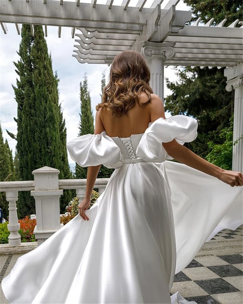 Robe de mariée en satin à manches bouffantes, fente haute, ligne A latérale, styles simples, patients avec train court