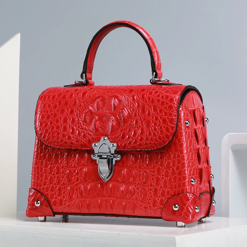 Fashion Designer Genuine Crocodile Skin Female Small Rivets Purse Studs Handbag Exotic Crocodile Leather Lady Cross Shoulder Bag