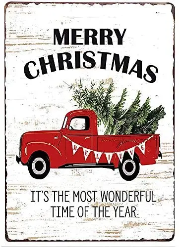 

Merry Christmas Trees Funny Truck Retro Vintage Bar Metal Tin Sign Poster Style Wall Art Pub Bar Decor Coffee Cup Signs Size