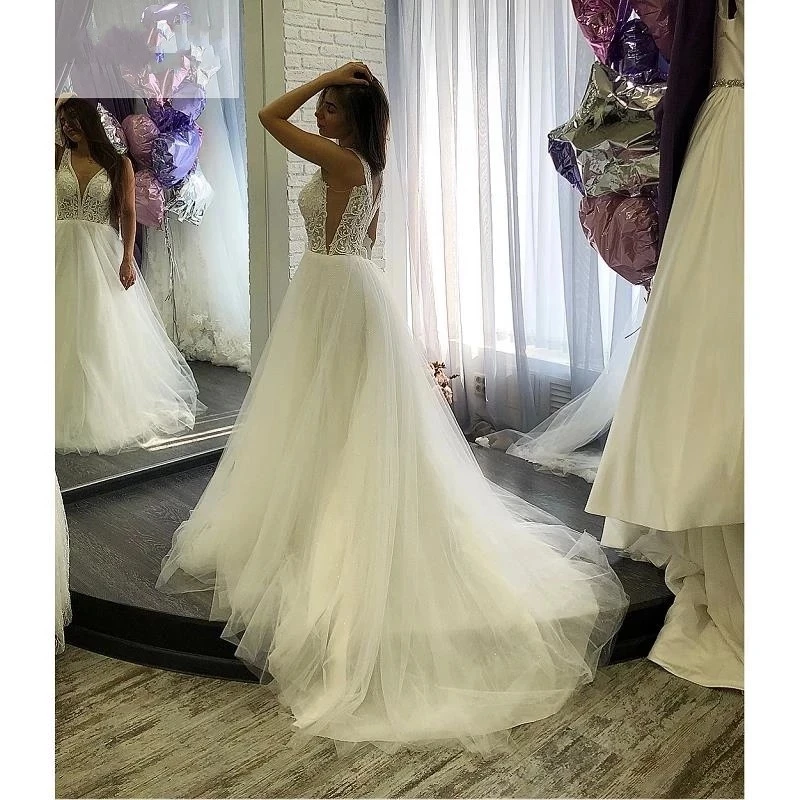 ANGELSBRIDEP Cổ Chữ V Bầu Áo Cưới Vestidos De Novia Thời Trang Chiếu Trúc Hạt Triều Đình Đoàn Tàu Chính Thức Cưới Cô Dâu Đầm Plus Kích Thước