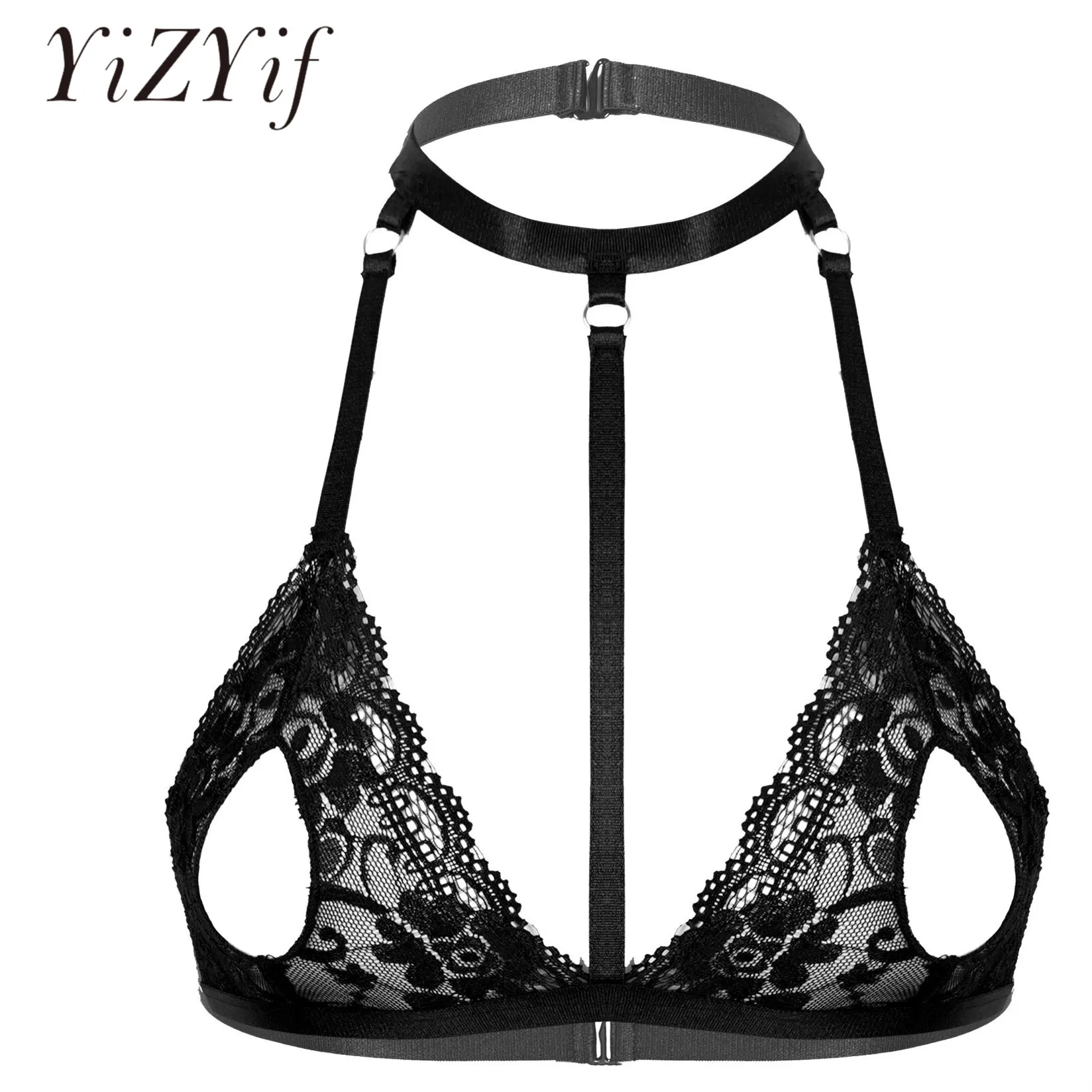 

Womens Ladies Hot Sexy Bra See-through Lace Unlined Wireless Bra Tops Halter Neck Strappy Hollow Out Nipples Lingerie Brassiere