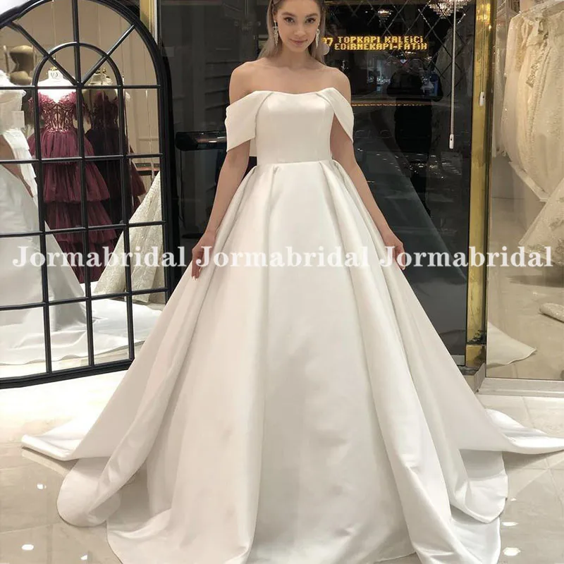 Vestidos De Novia Sexy Boat Neck suknia balowa suknie ślubne Off The Shoulder gorset długi kaplica pociąg białe satynowe suknie ślubne