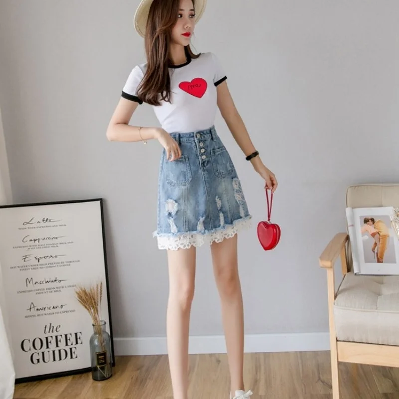 Denim Women Skirts Single Breasted High Waist Wrap A-Line Mini Skirt Street Summer Female Sweet Casual Splice Lace Jean Skirts