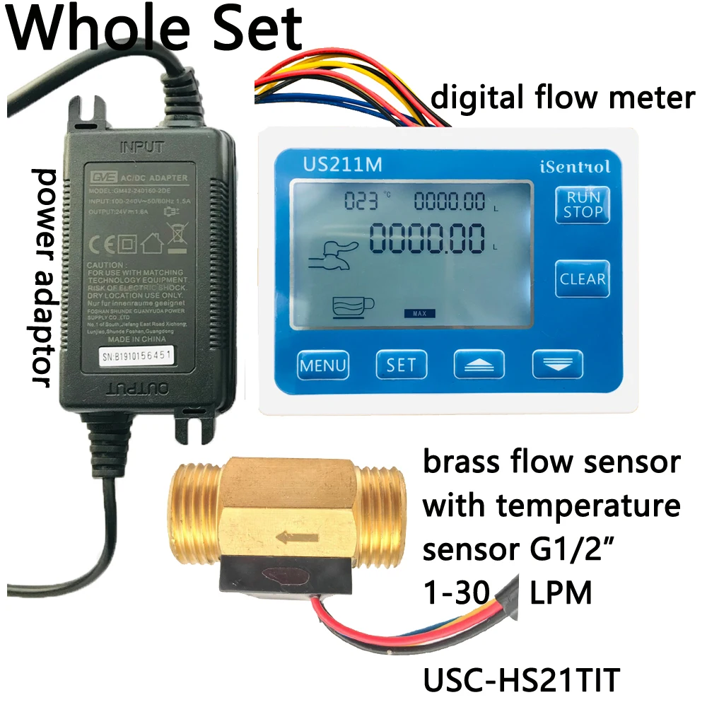 

US211M Water Flow Meter and USC-HS21TIT Hall Water Flow Sensor Brass 1-30L/min DC 24V Turbine Flowmeter with NTC50K Temperature