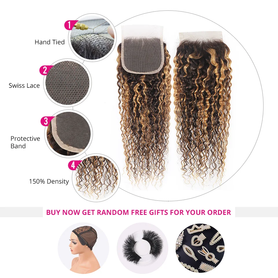 Meetu Curly 5X5 Closure With Bundles P4 27 Highlight Kinky Curly Bundles With Closure 100% Remy Human Hair Bundles With Closure