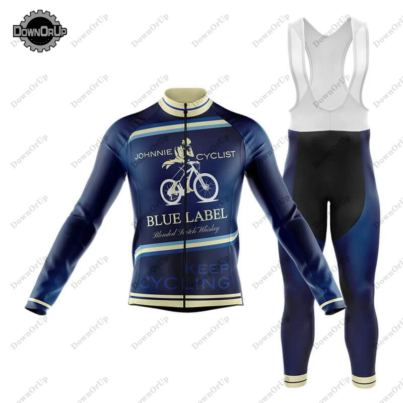 

Johnnie Whisky Blue Men's Long Sleeve Cycling Jersey Set 9DGEL Bib Pants MTB Winter/Thin Bicycle Wear Maillot Ciclismo Hombre