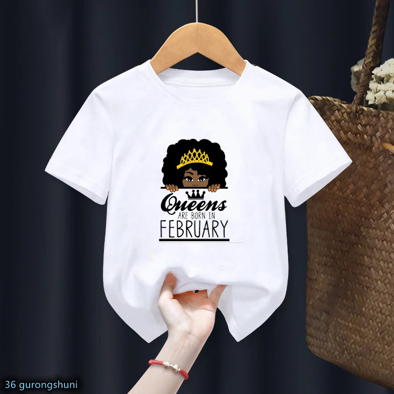 

Girls T-Shirt Cute Melanin Black Girl January-December Birth Print Tshirt For Kids Birthday February Birth Clothing Kids Tshirts