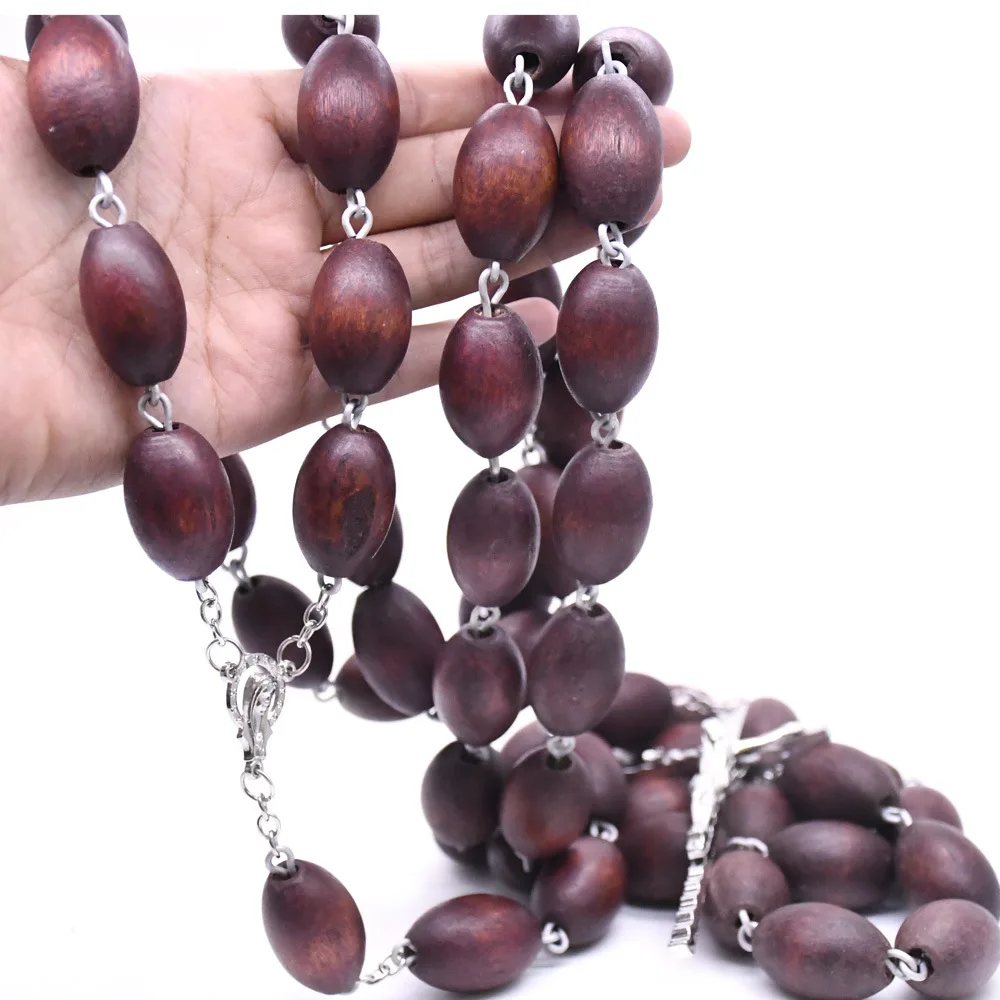 Wine Red Jujube Beads Wall Hanging Rosary Necklace Religious Decoration Catholic Cross Church