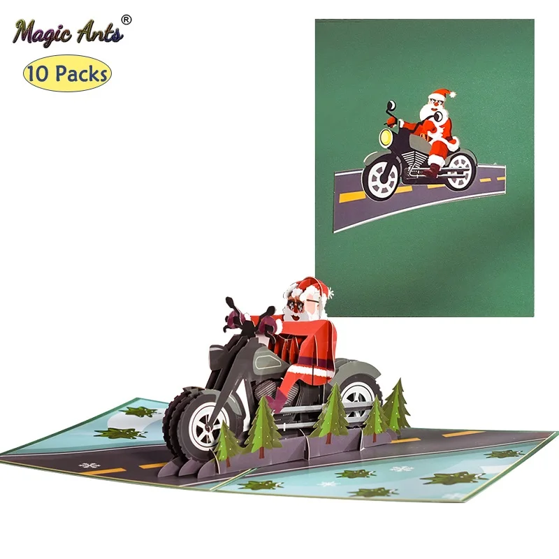 

10 Pack Pop Up Christmas Cards 3D Motorbike Santa Claus Motorcycle Xmas Greeting Card Gift for Kids Women Dad Wife