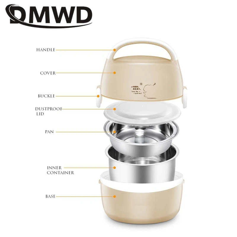 DMWD 1.3L Portable Rice Cooker Electric Lunch Box Food Heater Steamer Thermostat Warmer Container Office 2 Layer Stainless Steel