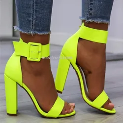 Fashion Lemon Yellow Chunky Heel Sandals Women Fashion Peep Toe Ankle Buckle Thick Heel Sandals Shoes Lady Real Photos High Heel