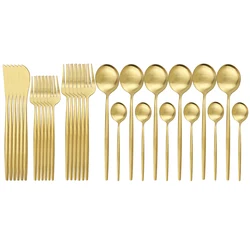 30Pcs Gold Matte Cutlery Set Stainless Steel Dinnerware Set Knife Fork Spoon SilverwareTableware Set Kitchen Flatware Set