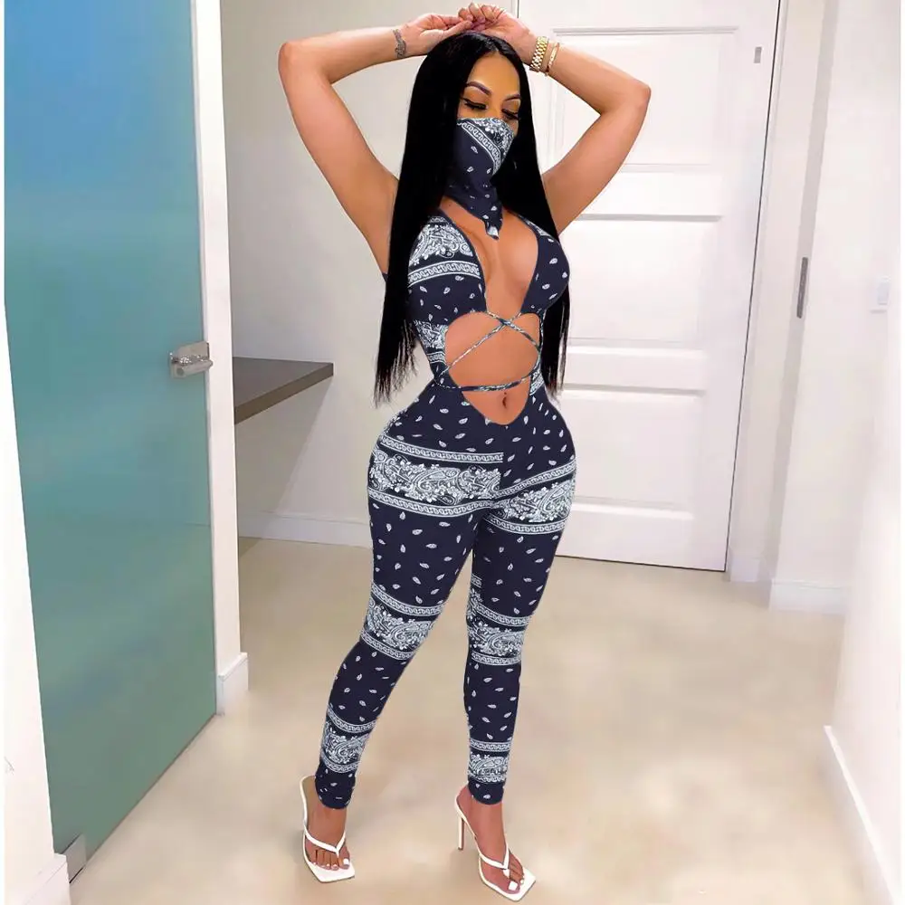 Women Summer Sport Sexy Lace Up Party Club Bandanna Print Cut Out Front Bodycon Jumpsuit with Face Towel Two Piece Set Rompers