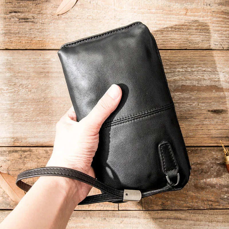 AETOO-Bolsa de mano larga de cuero suave para hombre, cartera retro, billetera para teléfono móvil