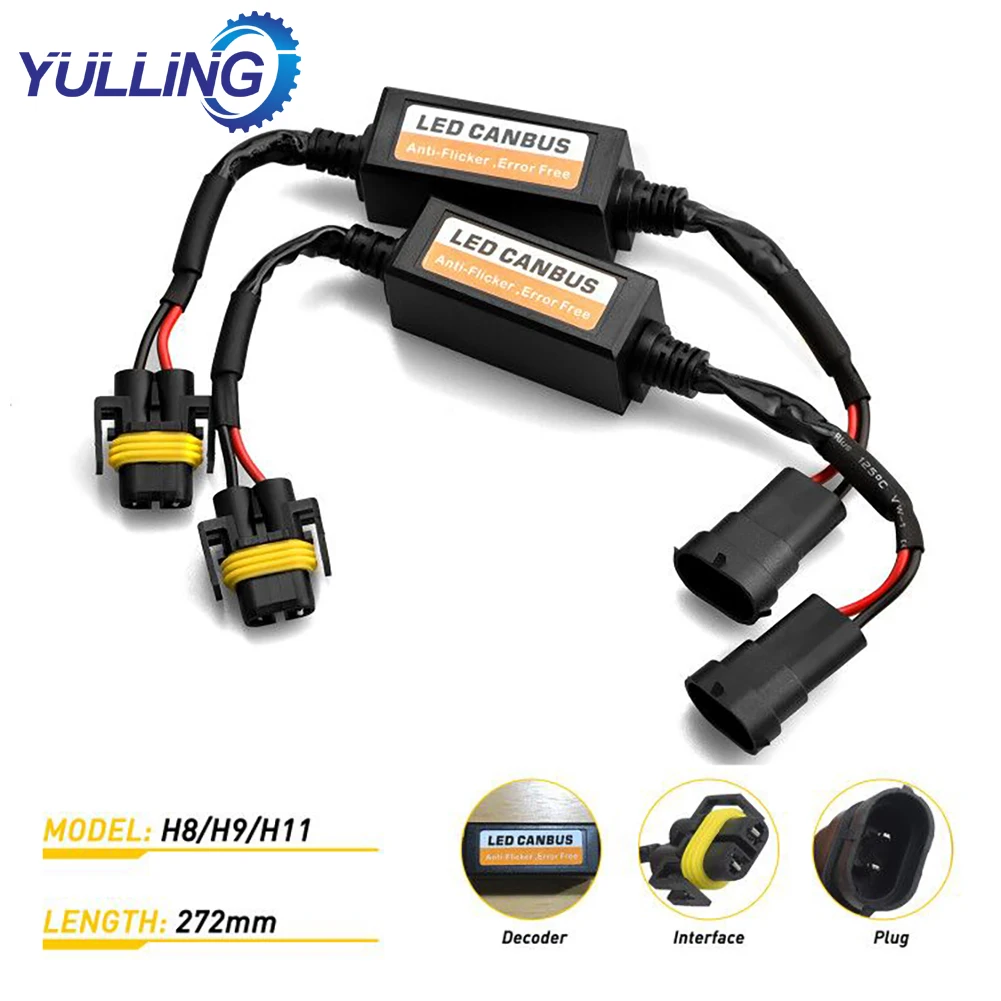 2x H11 / H8 LED Headlight Decoder Adapter Canbus Anti-Flicker Harness Bulbs Resistor Decoder Warning Erapter Harness Light Decod