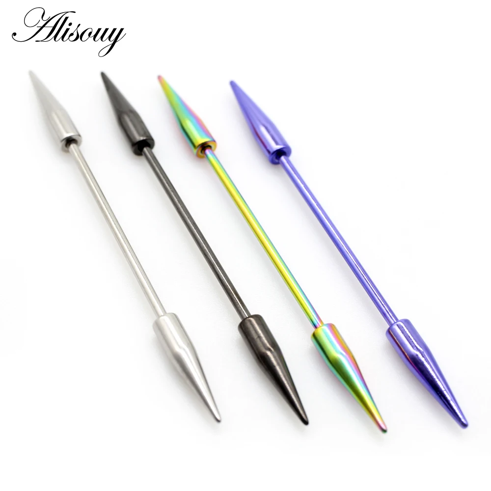 Alisouy 2pcs 14G Spike Long Surgical Steel Women Men Industrial Barbell Cartilage Earring Helix Body Piercing Jewelry Oreja Ring