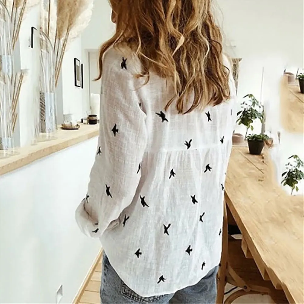 Jocoo Jolee Women Casual Birds Print Blouse Spring Summer Long Sleeve Cotton and Linen Loose Shirt Vintage Tops Tunic Oversized