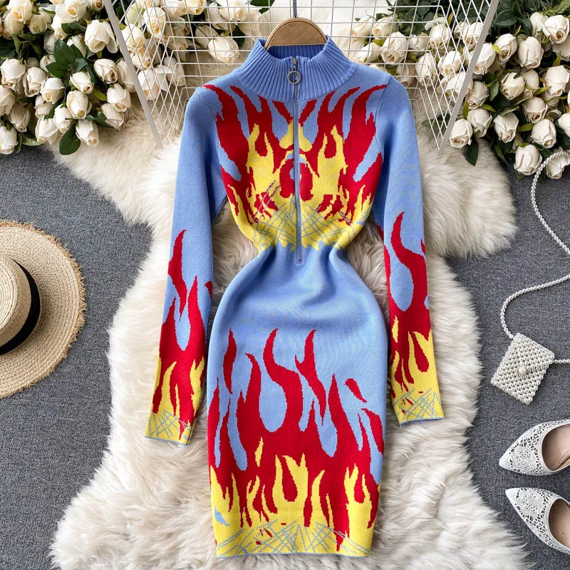 Designer Flame Knitted Dress Women Zipper Stand Collar Long Sleeve Slim Autumn Winter Slim Bodycon Sweater Dresses