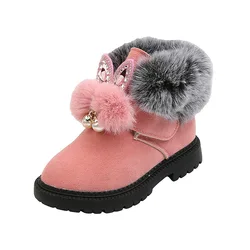 Girls Snow Boots Kids Ankle Boots Sweet Cute Rabbit Ear Crystal Fluffy Smooth Fur Hairy Warm Thick Cotton Children Winter Boots