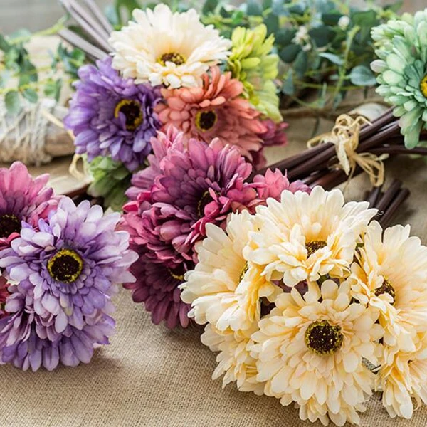 7Pcs/Bouquet Gerbera Artificial Flowers bridal Bouquet Decorate Flower Party For Wedding DIY Home Garden QDD1067