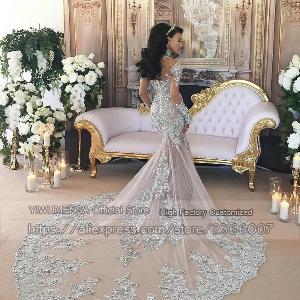 Arabisch Luxe Hoge Hals Sheer Sparkly Tulle Bruidsjurken Lange Mouw Bling Kralen Afneembare Trein Zeemeermin Kant Trouwjurken