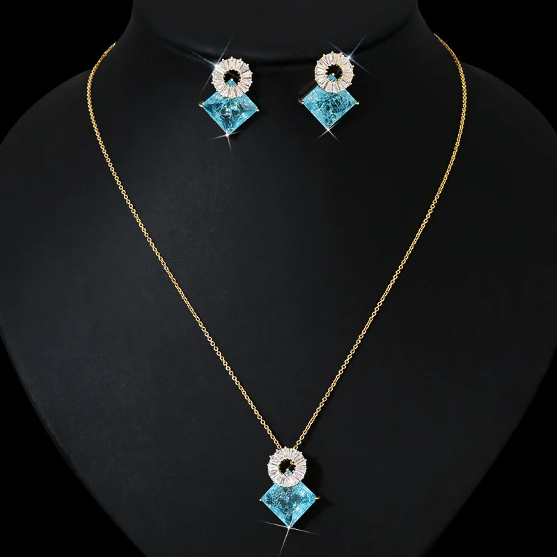 

HIBRIDE Cute Romantic Round Square Shape Blue Cubic Zirconia Crystal Women Engagement Necklace Earring Wedding Jewelry Set N-906