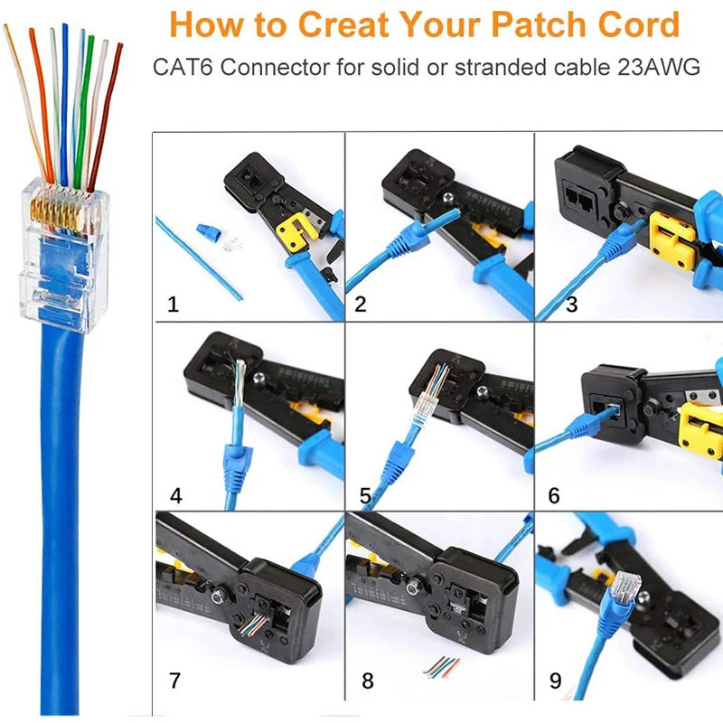 RJ45 passagem através do conector, cabo Ethernet, Crimp conectores, Rede Plug Set, Cat6, Cat5e