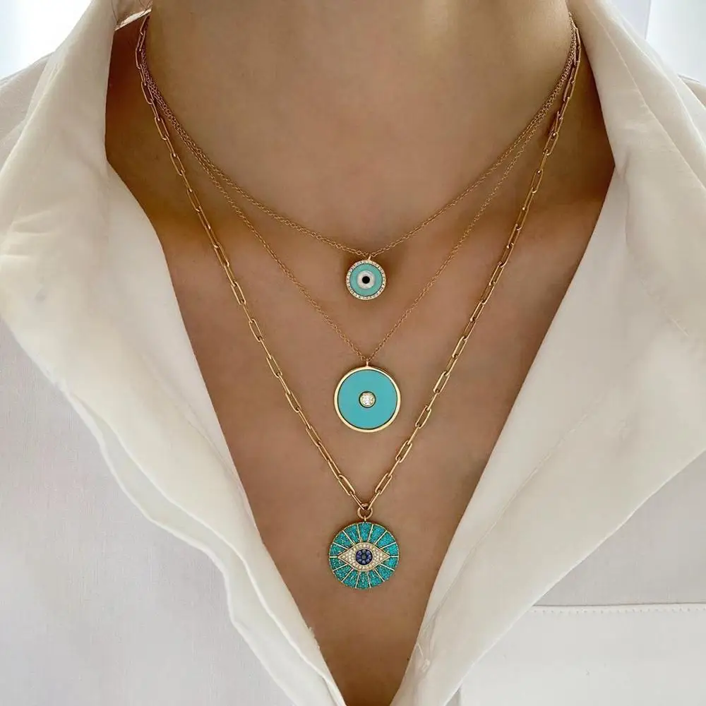 blue turquoises black cubic zirconia cz paved geometric round coin turkish evil eye pendant women necklace with open link chain