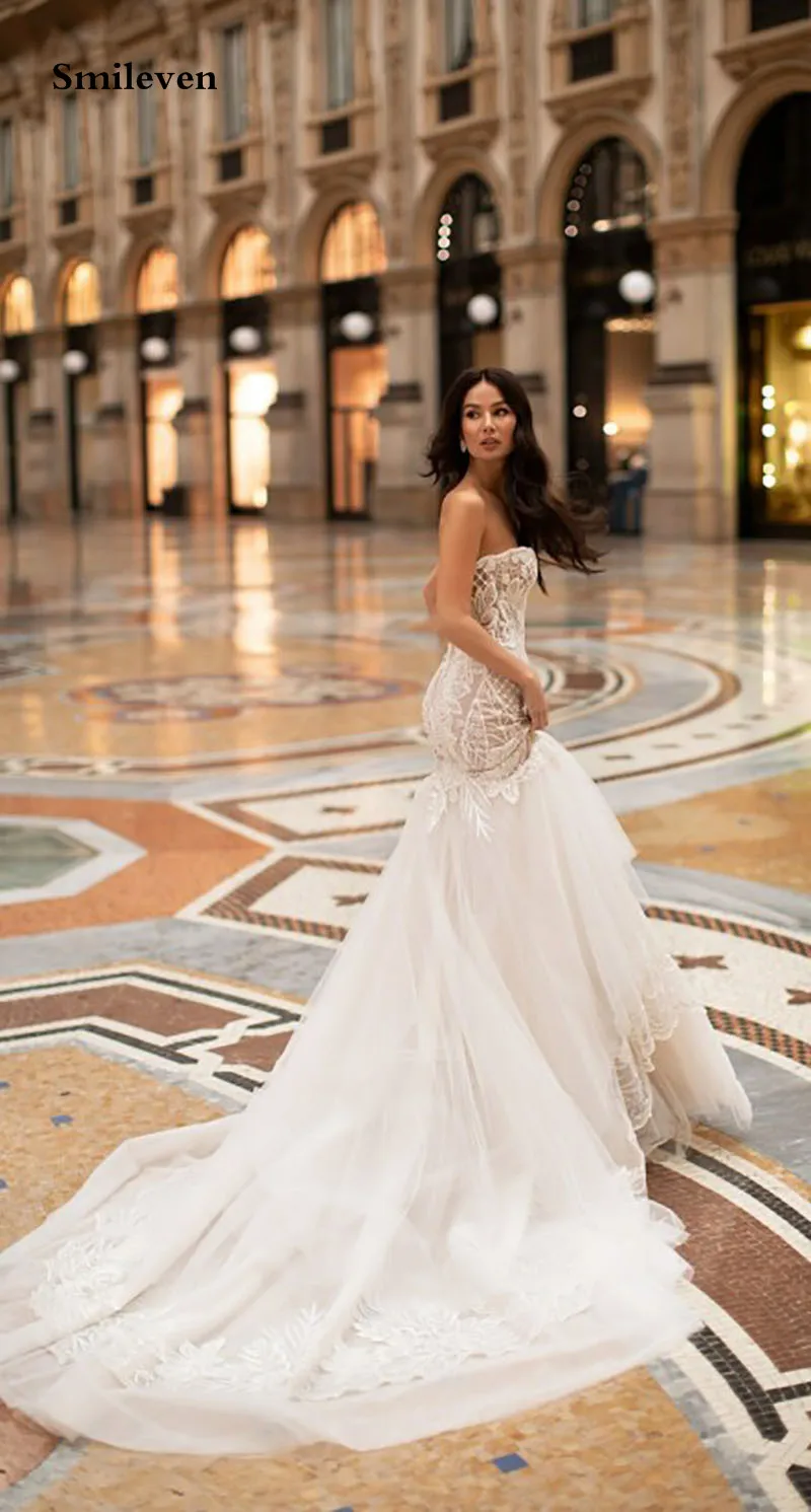 Vestido de casamento moderno com smile, estilo sereia, com renda, pescoço, estilo boho, festa de casamento, 2021