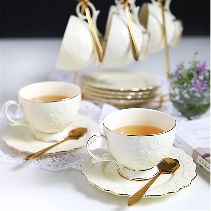 European Porcelain Tea Pot And Cup Set Embossed Rose Gold Coffee Mugs With Plate Spoon Iron Frame Afternoon Teapot Ceramic Home