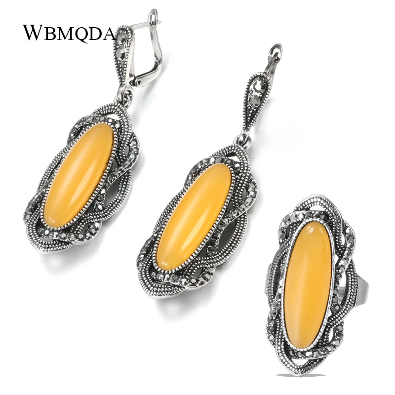 Wbmqda Hot Boho Yellow Stone Earring Ring Sets For Women Tibetan Silver AAA Gray Crystal Big Oval Earring Vintage Jewelry