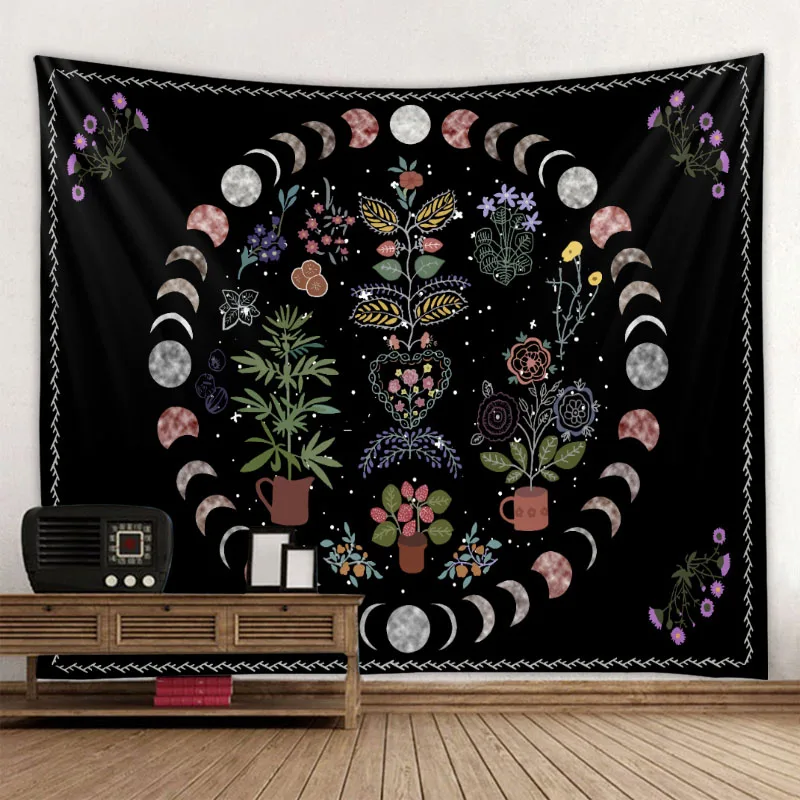 

Tapestry, plant, lunar phase, wall hanging, home, dormitory wall decoration, blanket, hippie Bohemian aesthetic room decoration