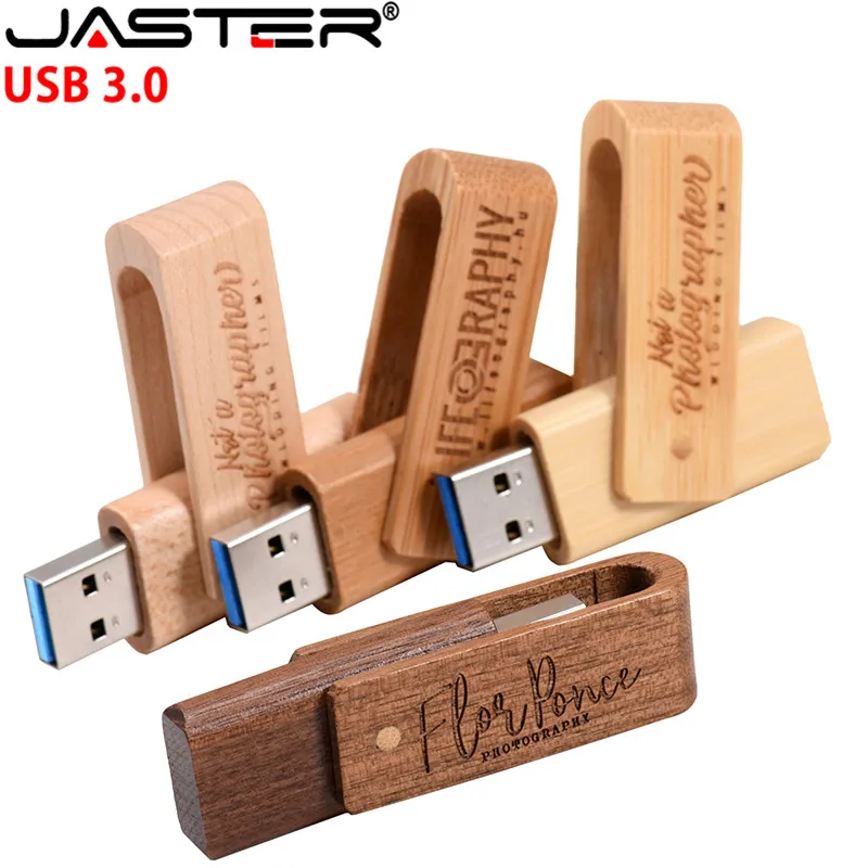 JASTER USB 3.0 Lasergravur-Logo, individueller drehbarer USB-Flash-Laufwerk aus Holz, 4 GB, 8 GB, 16 GB, 32 GB Memory-Stick, Geschenk