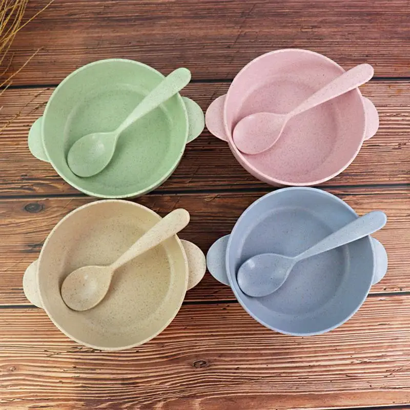 Kapmore 1pc Candy Colors Tableware Set Food Bowl Creative Wheat Straw Plastic Bowl With Spoon Tableware Accessories For Home