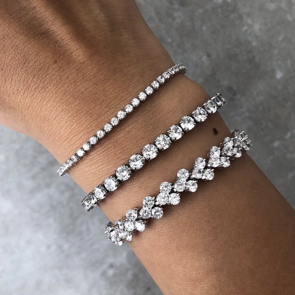 

3 style 925 Sterling Silver Pave Round Diamond Bracelets For Women Luxury Engagement Wedding Natural gemstone Jewelry 18cm Long