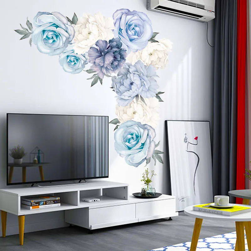 

2Pcs=1Lot Peony Rose Flowers Wall Sticker Blue Vintage Peony Stickers Room Decals Mural Home Decor kids room Girls Gift 30*60cm