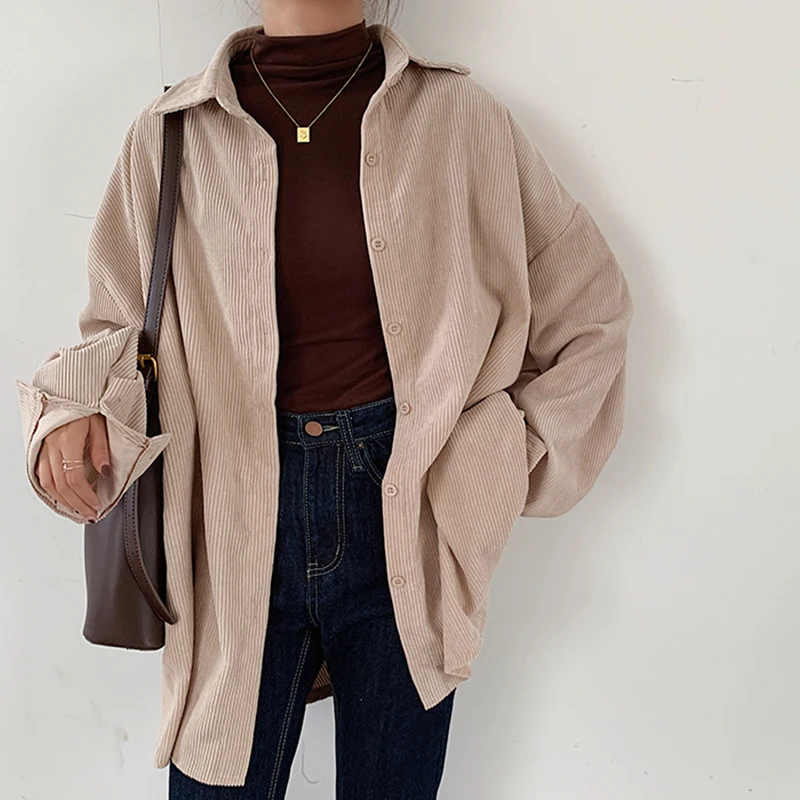 Spring New Women Solid Corduroy Vintage Oversized Blouse Turn-Down Collar Button Up Batwing Sleeve Shirt Autumn Casual Tops T0O5