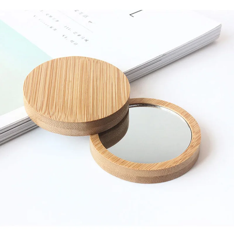 100pcs/lot Free Personalized Engraved logo bamboo portable cosmetic mirror gift small round mirror beauty mirror creative gift