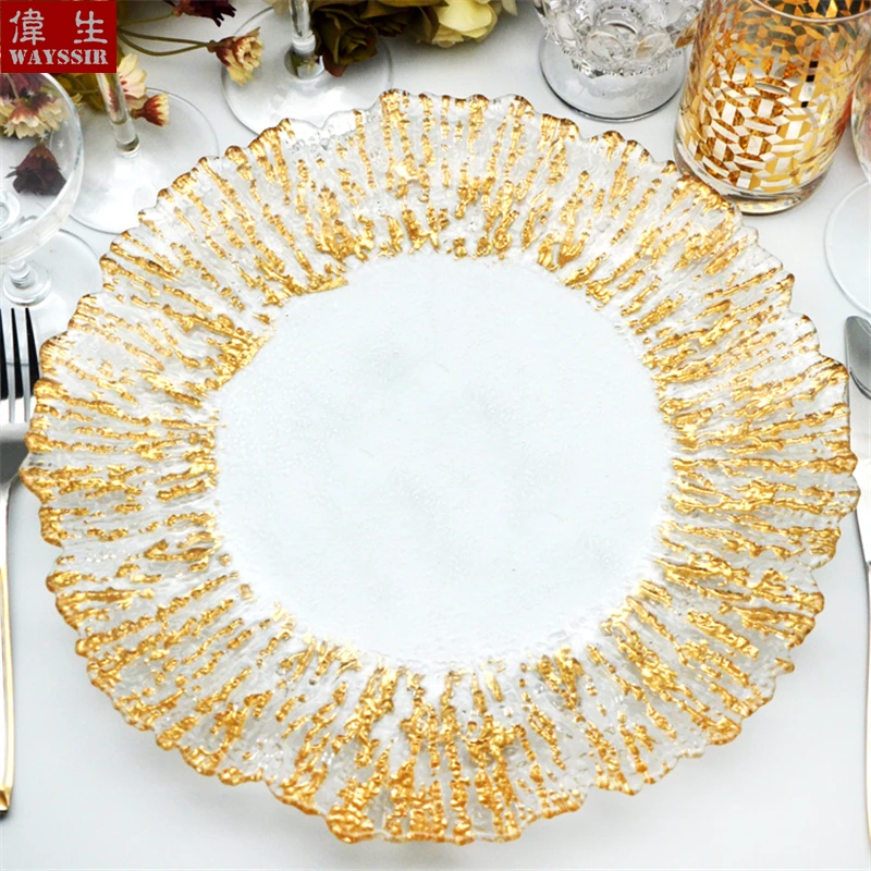 Flower Shaped Gold Silver Decal Rim, Transparent Glass Charger Plate, Wedding Party Decoration, Tableware Tray, Show Plate