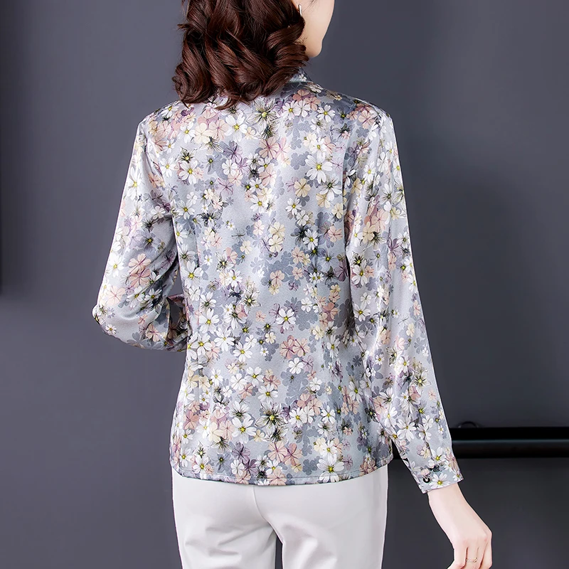 2024 Spring Vintage Florla Natural Silk Satin Tops and Blouses Casual New Office Lady Print Shirt Elegant Bodycon Blouses