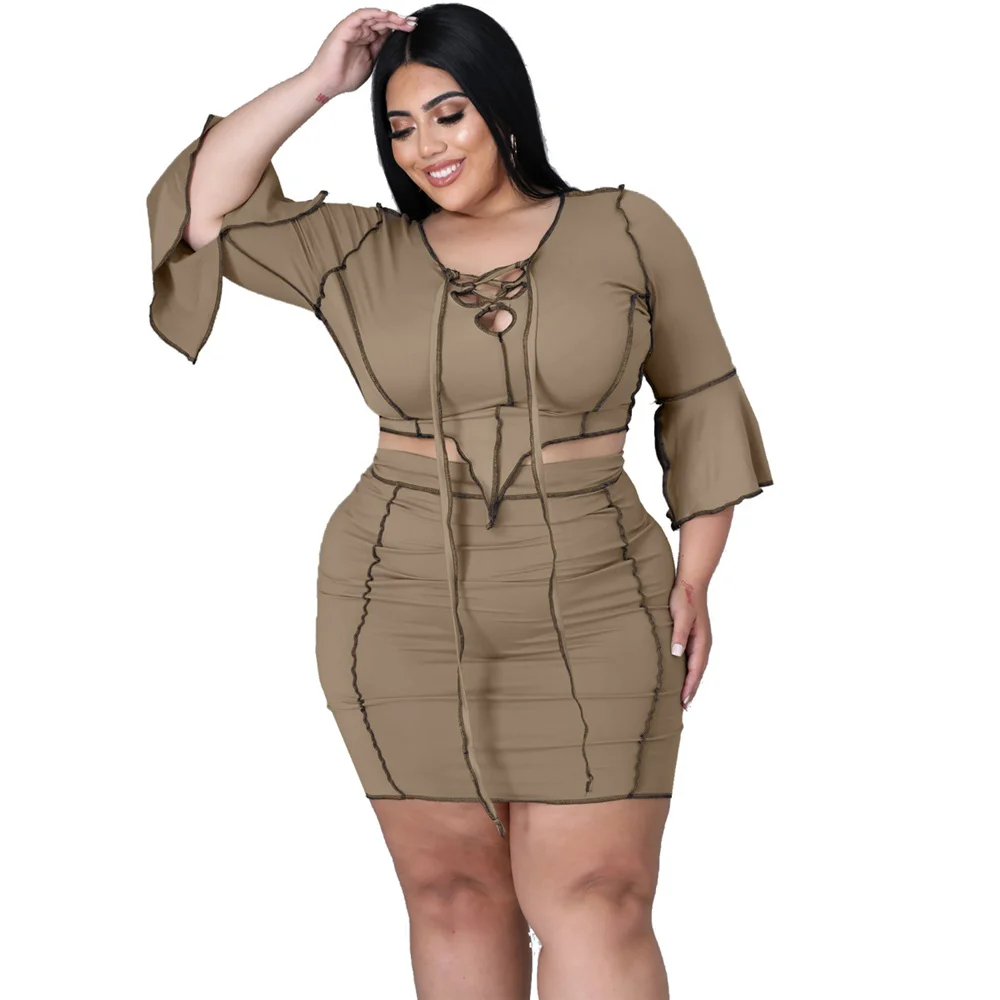 Plus Size Women Clothing 2 Piece Skirt Sets for Women Ribbing Elastic Waist Above Knee Hight Waist Skirts Wholesale Dropshipping