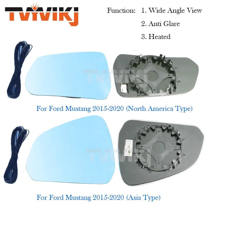 TVYVIKJ ด้านข้างกระจกมองหลังกระจกสีฟ้าเลนส์สําหรับ Ford Mustang 2015-2020 มุมมองมุมกว้าง Anti Glare ด้านข้างกระจกประตู