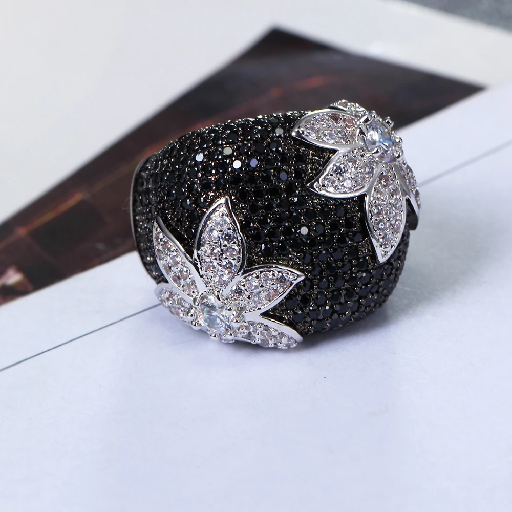 Black flower ring setting full black CZ birthday party jewelry White gold/Gold color Large Jet and white Sparkly Zirconia Ring