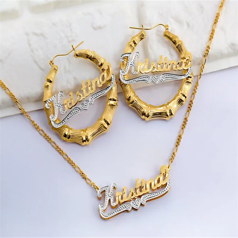 

Nameplate Earring Set Gold Silver Bamboo Earring Name Jewelry Personalized Jewelry Name Hoop Earrings Nameplate Necklaces Set